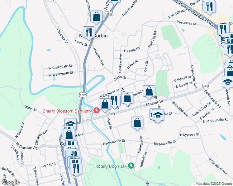 map of restaurants, bars, coffee shops, grocery stores, and more near 705 East Engineer Street in Corbin