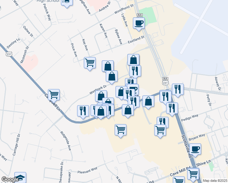 map of restaurants, bars, coffee shops, grocery stores, and more near 2321 Gary Farms Boulevard in Bowling Green