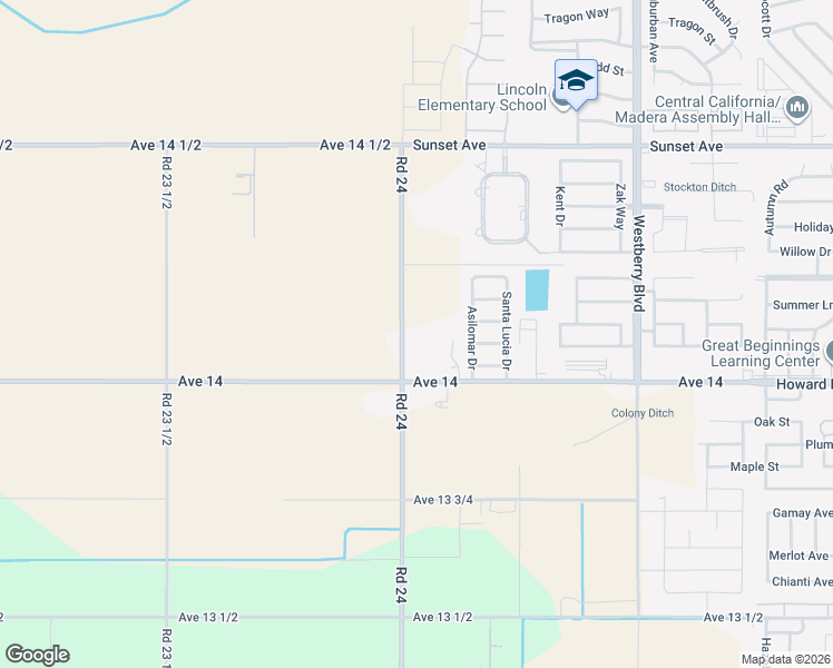 map of restaurants, bars, coffee shops, grocery stores, and more near 14183 Road 24 in Madera
