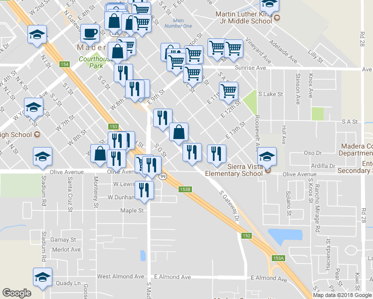 map of restaurants, bars, coffee shops, grocery stores, and more near 801 South Gateway Drive in Madera