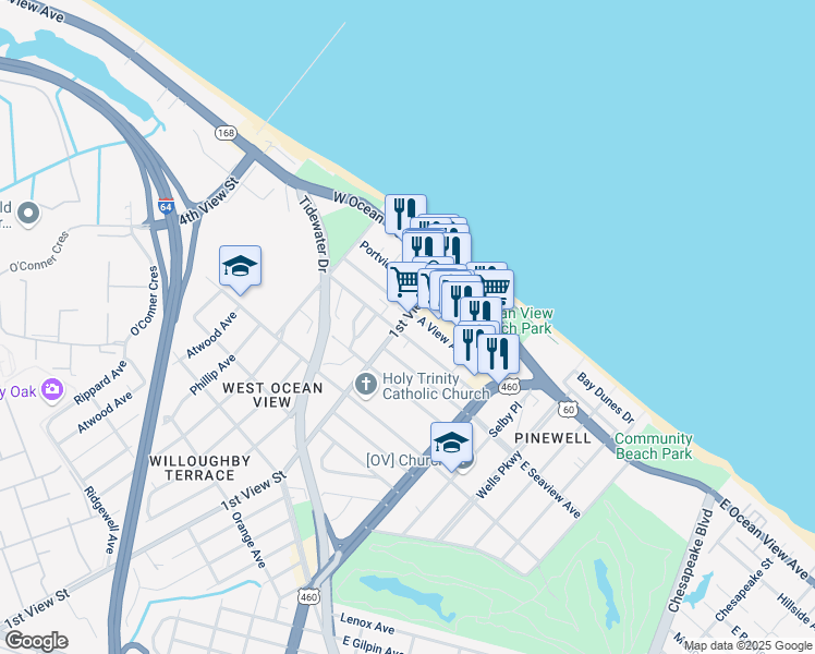 map of restaurants, bars, coffee shops, grocery stores, and more near 9606 1st View Street in Norfolk