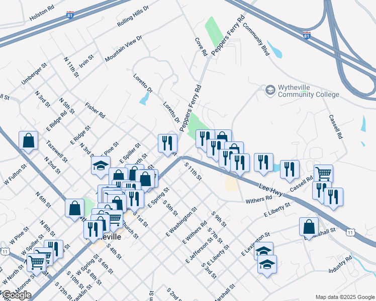 map of restaurants, bars, coffee shops, grocery stores, and more near East Goodwin Lane in Wytheville