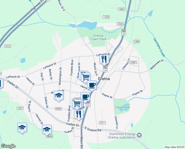 map of restaurants, bars, coffee shops, grocery stores, and more near 301 North Main Street in Gretna
