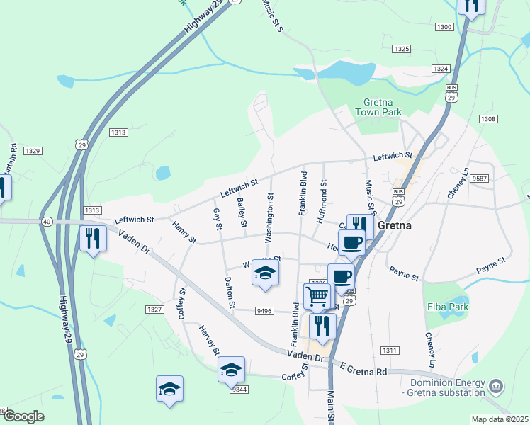 map of restaurants, bars, coffee shops, grocery stores, and more near 205 Washington Street in Gretna