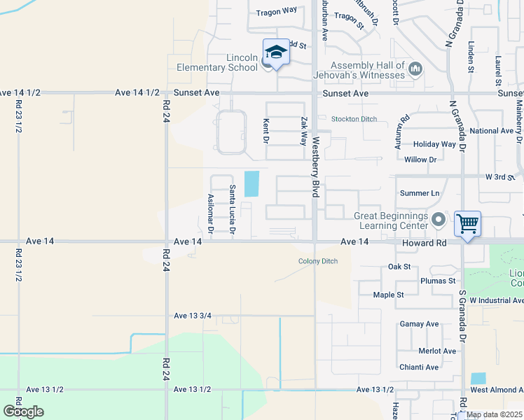 map of restaurants, bars, coffee shops, grocery stores, and more near 218 Kent Drive in Madera