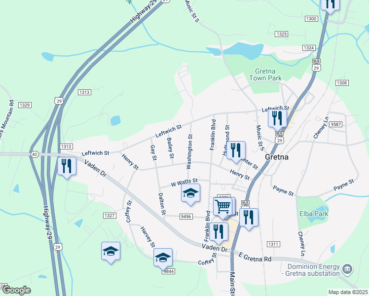 map of restaurants, bars, coffee shops, grocery stores, and more near 205 Washington Street in Gretna