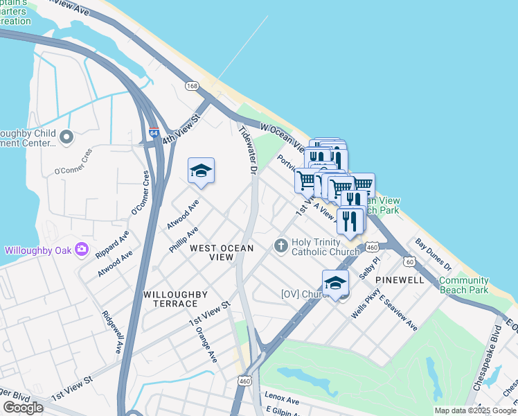 map of restaurants, bars, coffee shops, grocery stores, and more near 251 D View Avenue in Norfolk