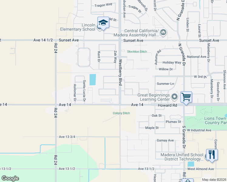 map of restaurants, bars, coffee shops, grocery stores, and more near 3328 Ren Way in Madera