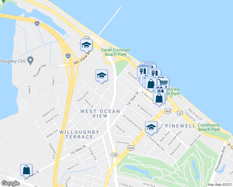 map of restaurants, bars, coffee shops, grocery stores, and more near 251 D View Avenue in Norfolk