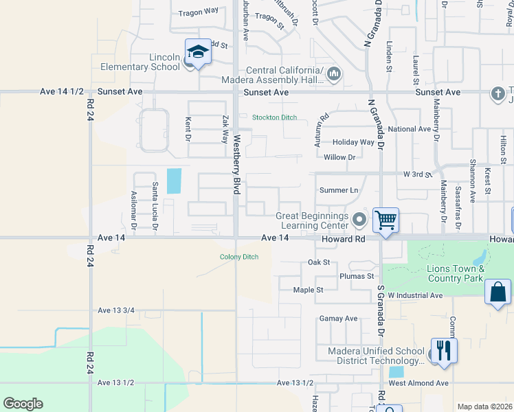 map of restaurants, bars, coffee shops, grocery stores, and more near 3188 Winter Way in Madera