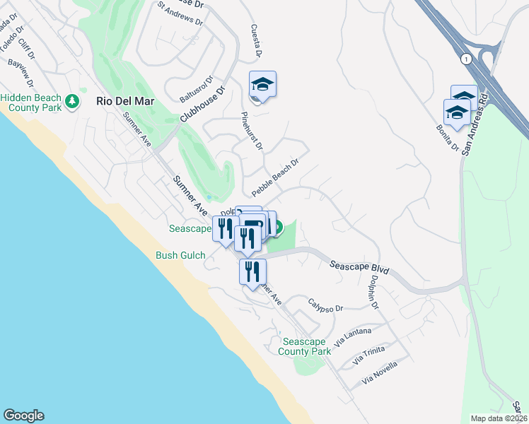 map of restaurants, bars, coffee shops, grocery stores, and more near 1400 Dolphin Drive in Aptos
