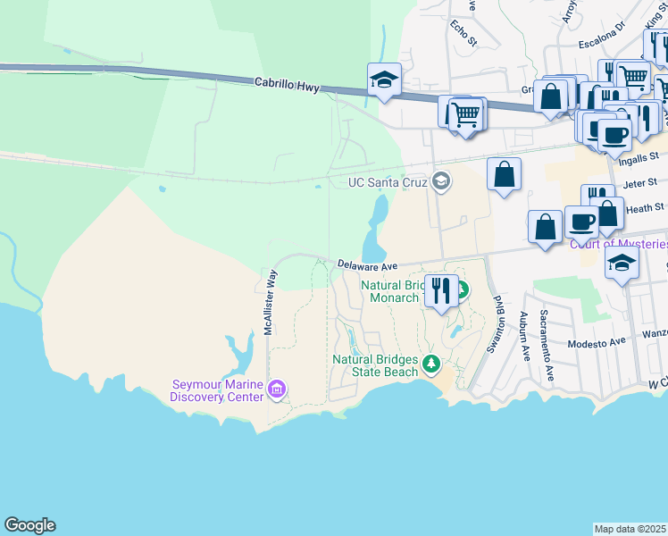 map of restaurants, bars, coffee shops, grocery stores, and more near 2395 Delaware Avenue in Santa Cruz