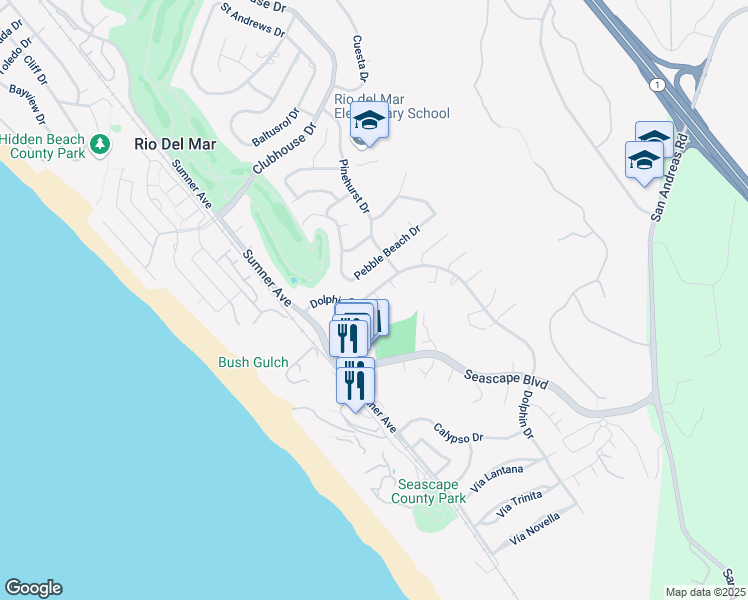 map of restaurants, bars, coffee shops, grocery stores, and more near 1408 Dolphin Drive in Aptos