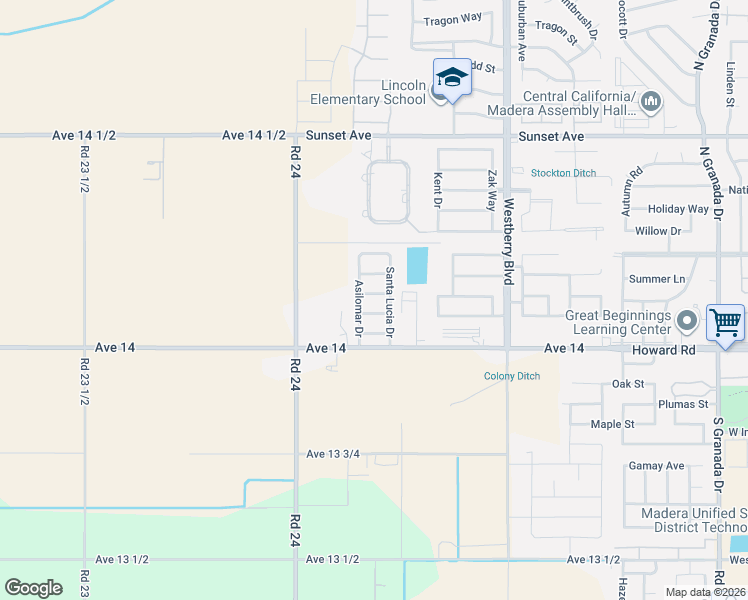 map of restaurants, bars, coffee shops, grocery stores, and more near 3532 Seaside Drive in Madera