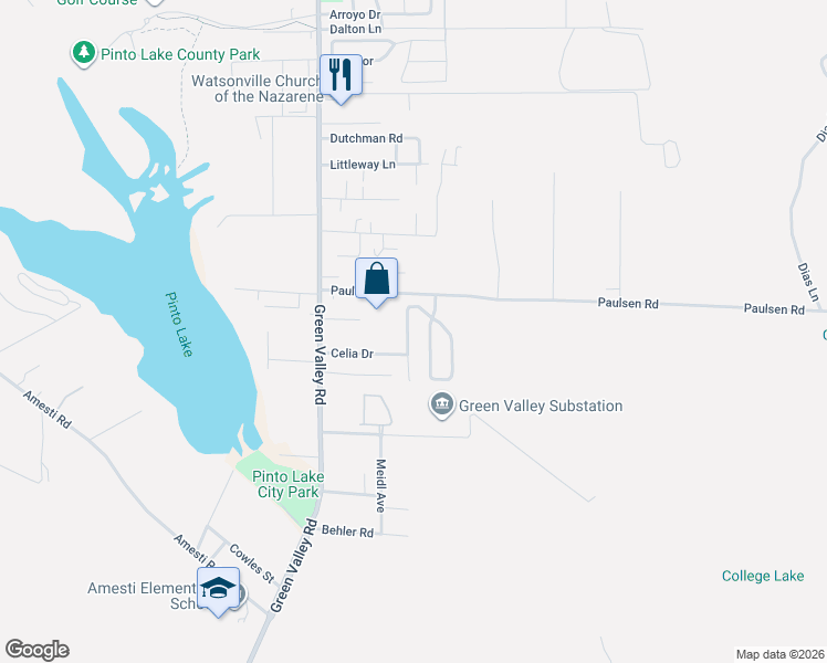 map of restaurants, bars, coffee shops, grocery stores, and more near 122 Lapis Drive in Watsonville