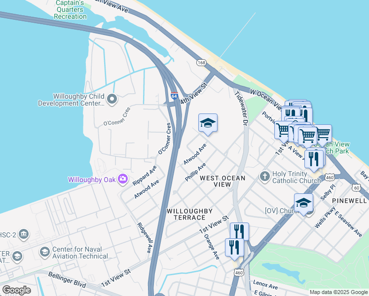 map of restaurants, bars, coffee shops, grocery stores, and more near 359 Cherry Street in Norfolk