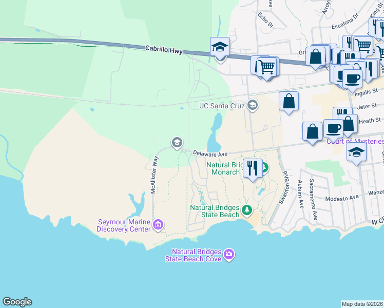 map of restaurants, bars, coffee shops, grocery stores, and more near 2395 Delaware Avenue in Santa Cruz