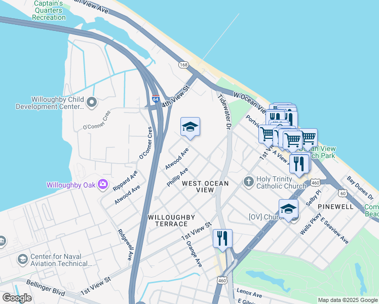 map of restaurants, bars, coffee shops, grocery stores, and more near 9464 Atwood Avenue in Norfolk