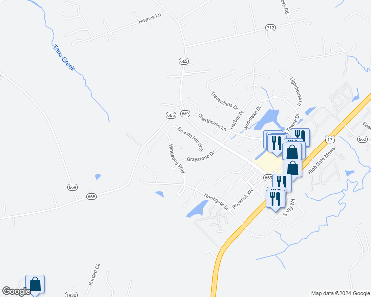 map of restaurants, bars, coffee shops, grocery stores, and more near 22324 Lake Forrest Circle in Carrollton