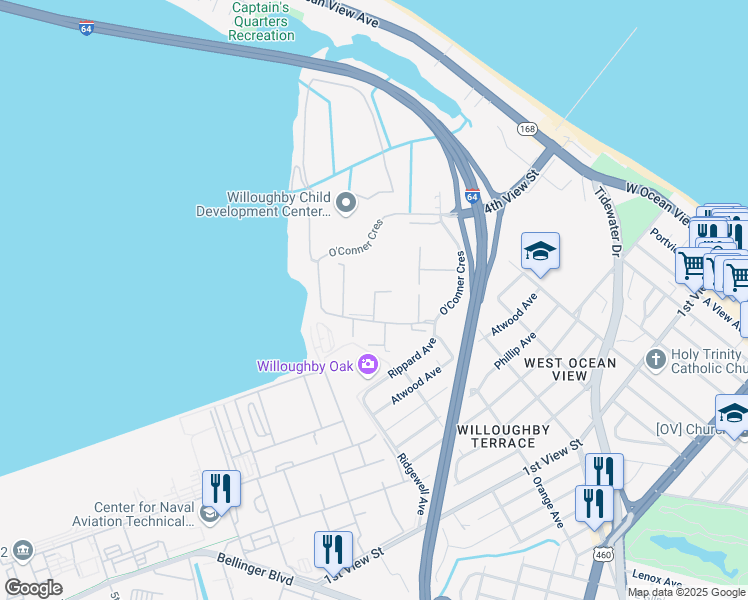 map of restaurants, bars, coffee shops, grocery stores, and more near Court East in Norfolk