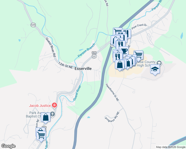 map of restaurants, bars, coffee shops, grocery stores, and more near 5200 Drysdale Road in Norton