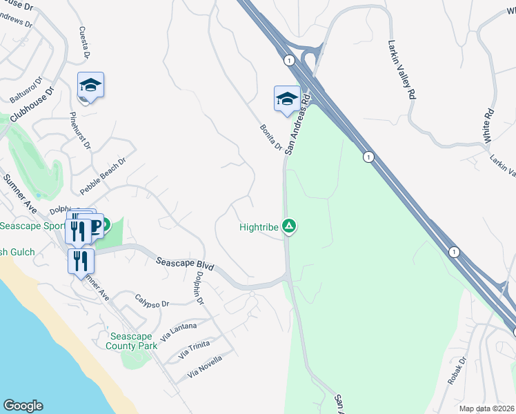 map of restaurants, bars, coffee shops, grocery stores, and more near 109 Verona Court in Aptos