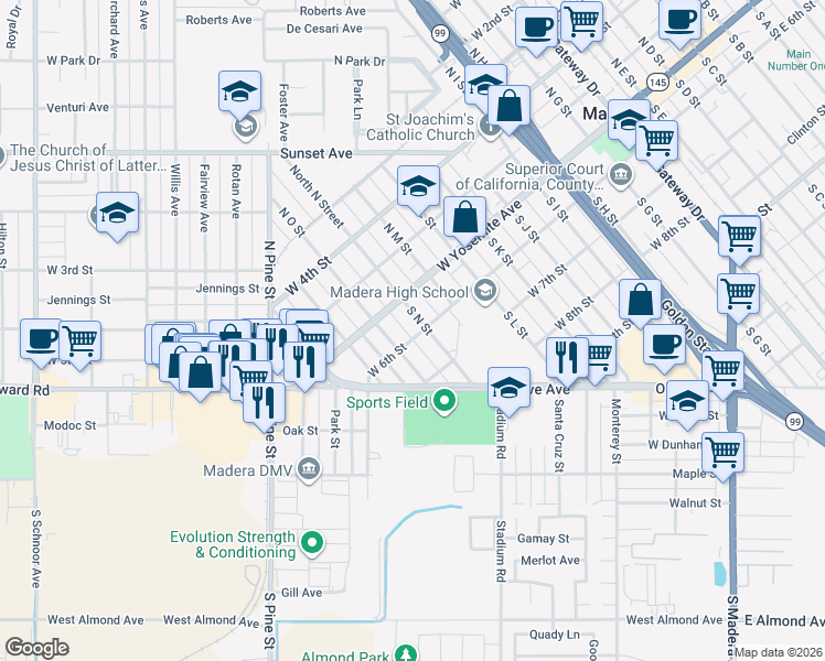 map of restaurants, bars, coffee shops, grocery stores, and more near 901 West 6th Street in Madera