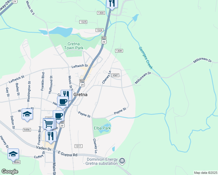 map of restaurants, bars, coffee shops, grocery stores, and more near 210 Northside Drive in Gretna