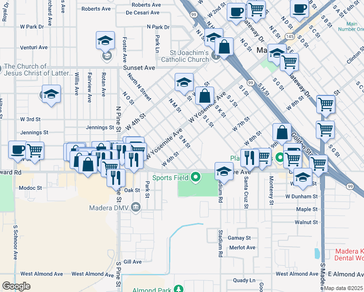 map of restaurants, bars, coffee shops, grocery stores, and more near 901 West 6th Street in Madera