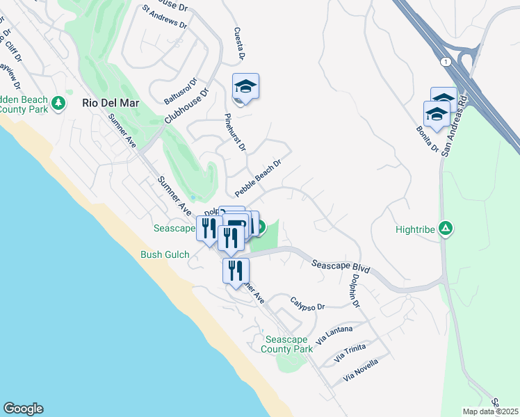 map of restaurants, bars, coffee shops, grocery stores, and more near 1460 Dolphin Drive in Aptos