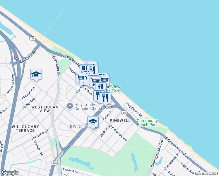 map of restaurants, bars, coffee shops, grocery stores, and more near 100 West Ocean View Avenue in Norfolk