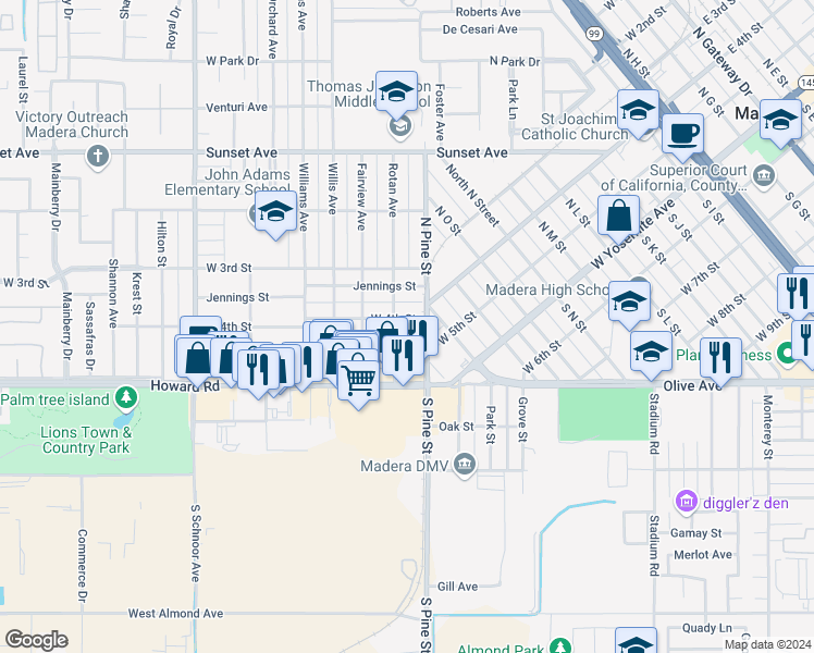 map of restaurants, bars, coffee shops, grocery stores, and more near 1412 West 4th Street in Madera