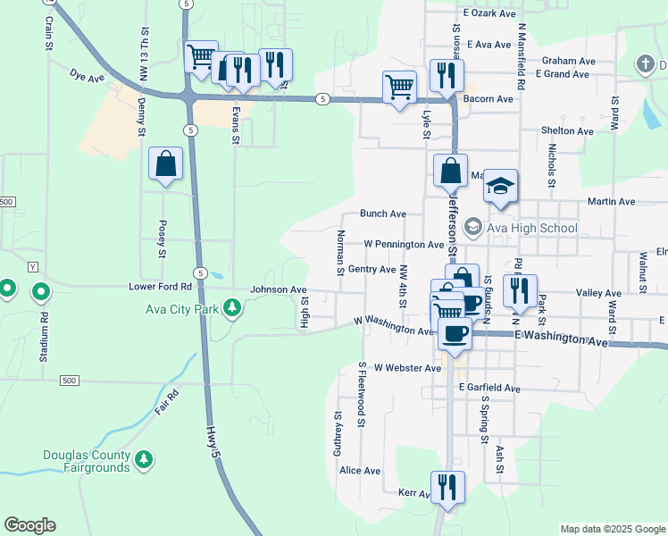 map of restaurants, bars, coffee shops, grocery stores, and more near 300-321 Northwest 7th Street in Ava