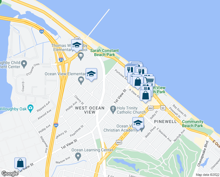 map of restaurants, bars, coffee shops, grocery stores, and more near 9553 Capitol Avenue in Norfolk