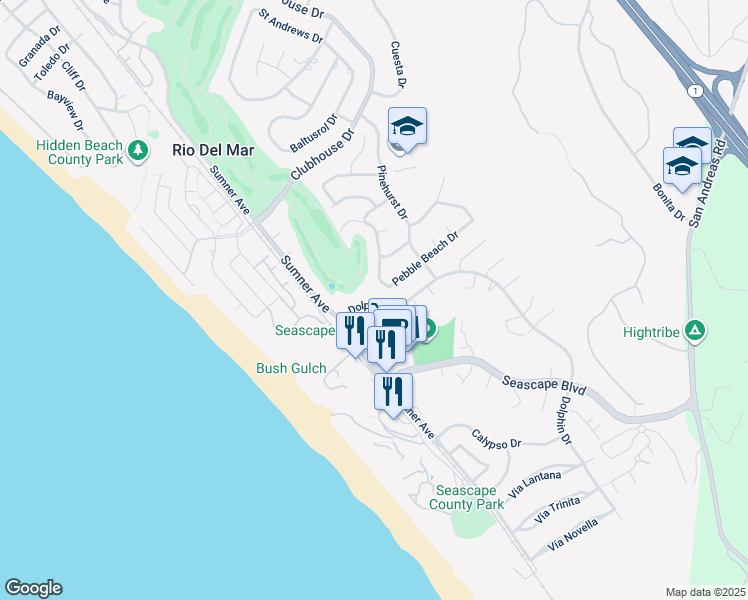 map of restaurants, bars, coffee shops, grocery stores, and more near 1325 Dolphin Drive in Aptos