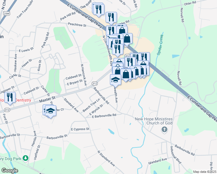 map of restaurants, bars, coffee shops, grocery stores, and more near East Center Street in Corbin