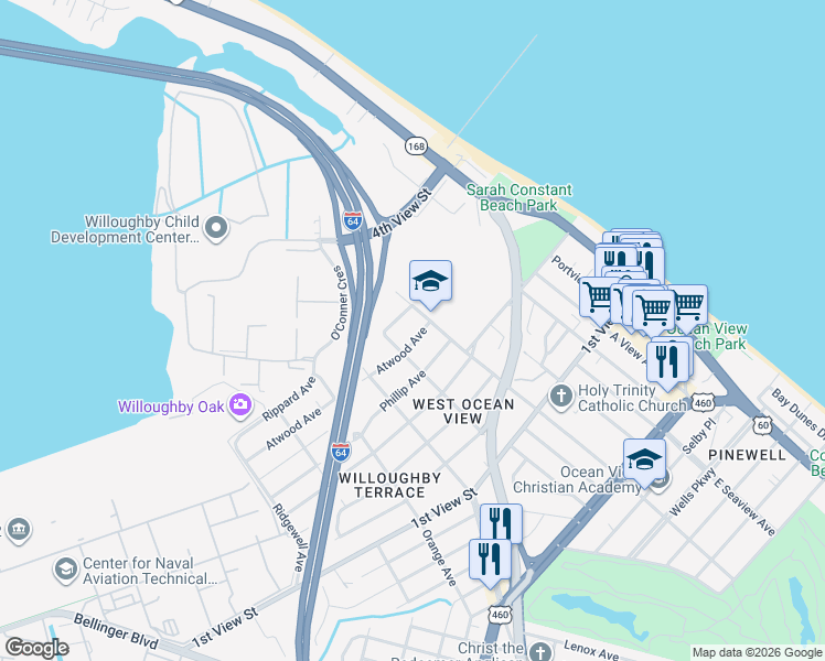 map of restaurants, bars, coffee shops, grocery stores, and more near 359 Cherry Street in Norfolk