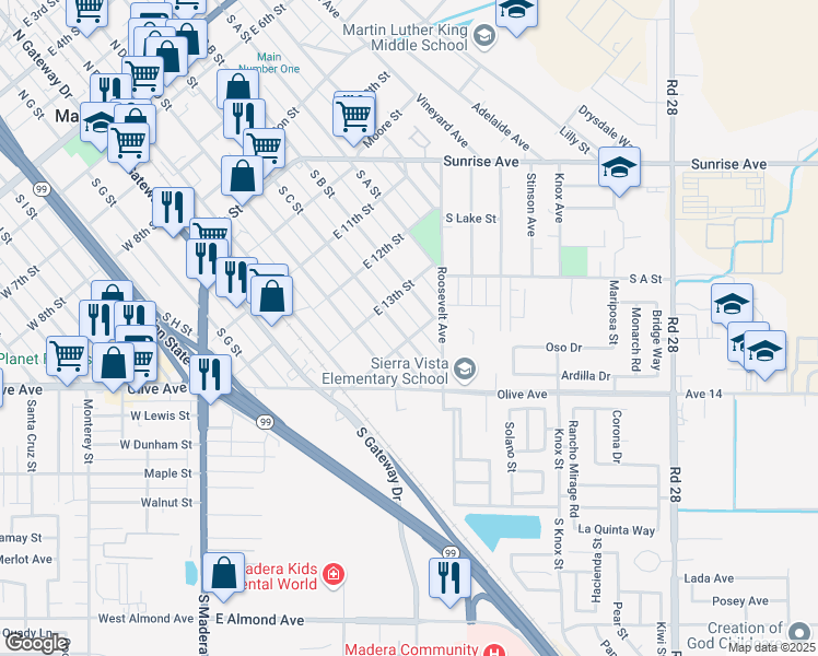 map of restaurants, bars, coffee shops, grocery stores, and more near 1002 South C Street in Madera