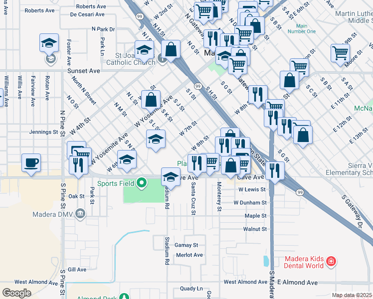 map of restaurants, bars, coffee shops, grocery stores, and more near 401 South L Street in Madera