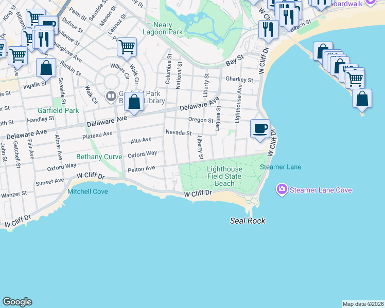 map of restaurants, bars, coffee shops, grocery stores, and more near 506 Pelton Avenue in Santa Cruz