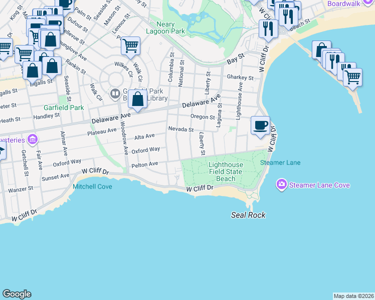 map of restaurants, bars, coffee shops, grocery stores, and more near 616 Pelton Avenue in Santa Cruz