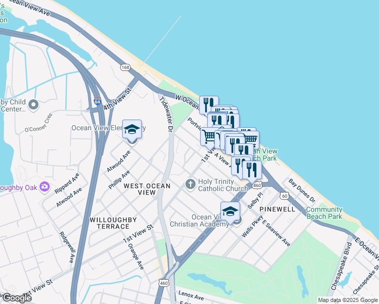 map of restaurants, bars, coffee shops, grocery stores, and more near 9544 Statler Street in Norfolk