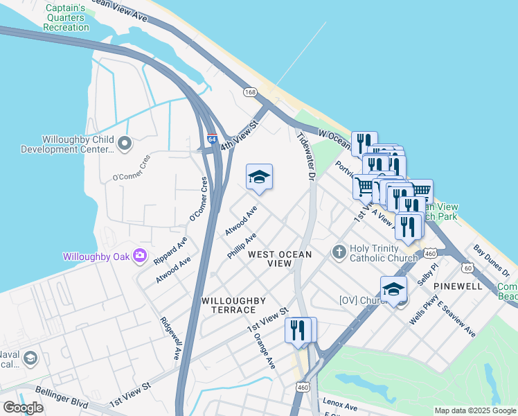 map of restaurants, bars, coffee shops, grocery stores, and more near 9459 Phillip Avenue in Norfolk