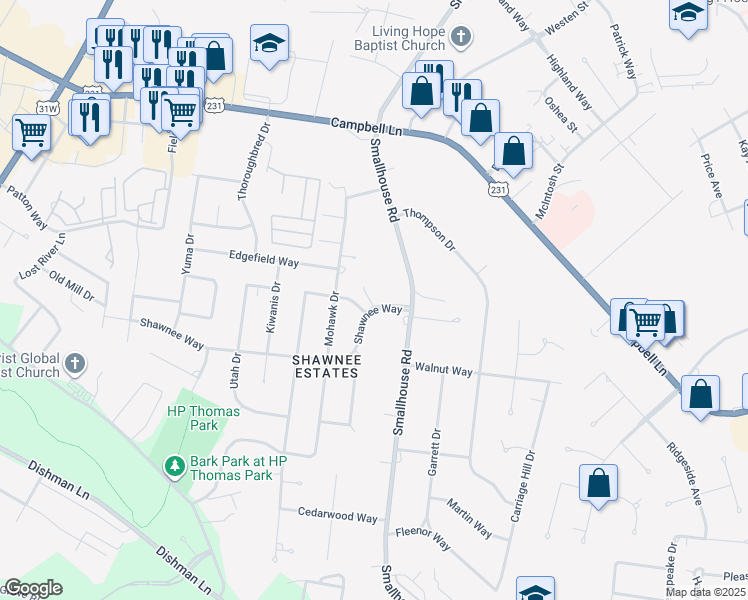 map of restaurants, bars, coffee shops, grocery stores, and more near 1238 Shawnee Way in Bowling Green
