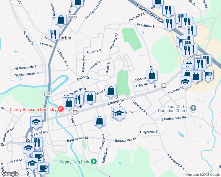 map of restaurants, bars, coffee shops, grocery stores, and more near 702 Carter Street in Corbin