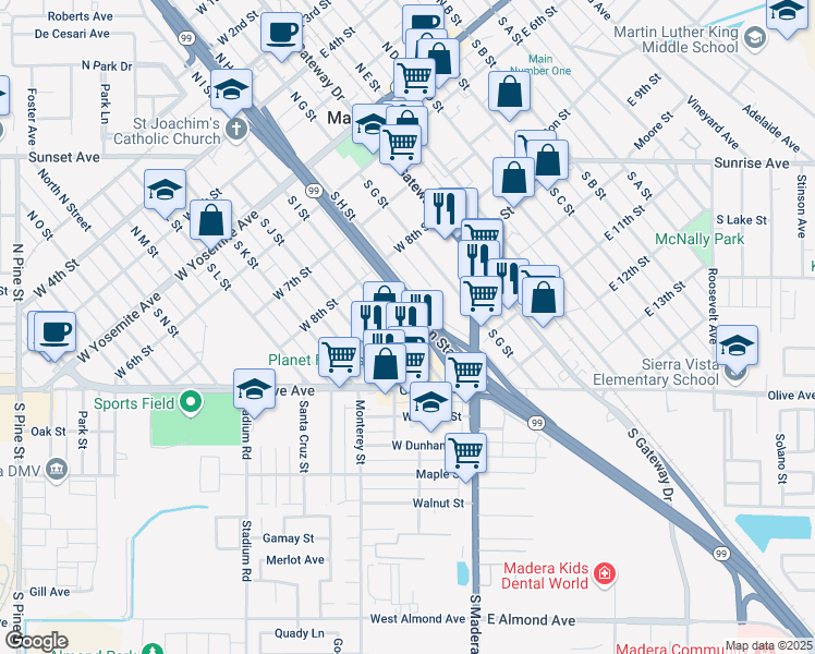map of restaurants, bars, coffee shops, grocery stores, and more near 509 South I Street in Madera