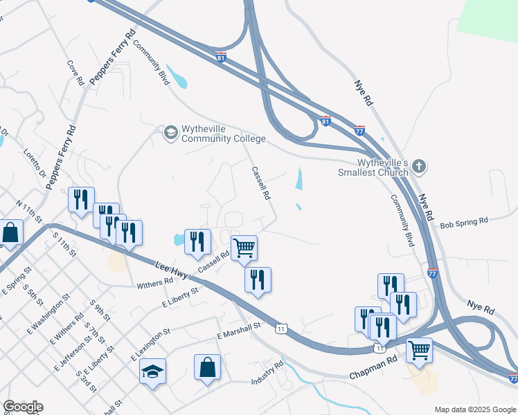 map of restaurants, bars, coffee shops, grocery stores, and more near 389-485 Cassell Road in Wytheville