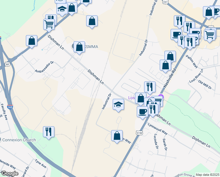 map of restaurants, bars, coffee shops, grocery stores, and more near 340 Dishman Lane in Bowling Green