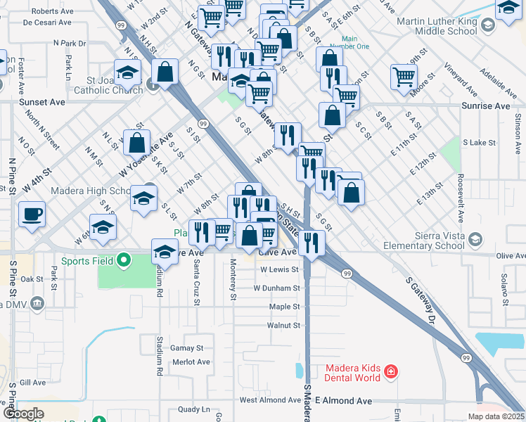 map of restaurants, bars, coffee shops, grocery stores, and more near 509 South I Street in Madera