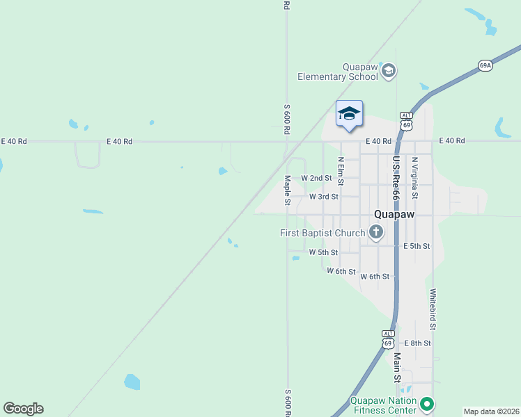 map of restaurants, bars, coffee shops, grocery stores, and more near 301 North Maple Street in Quapaw